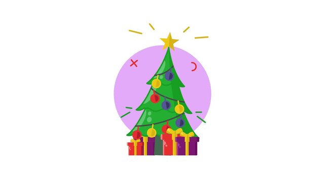 Festive Christmas Tree with Gifts and Confetti on a Purple Background.
