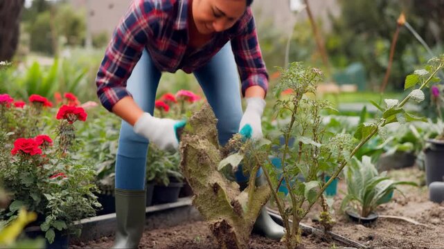 A woman in a plaid shirt and gloves is tending to plants in her garden on a sunny day.