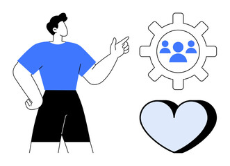 Person gestures at gear with team icon and a heart, integrating themes of teamwork, collaboration, community, empathy, leadership, love, and efficiency into a simple flat metaphor