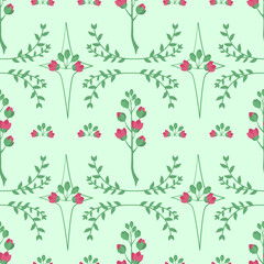 Vintage Floral Seamless Pattern with Pink Buds and Green Leaves on Light Mint Background