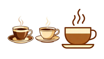Hot coffee and tea drink icons, vector illustrations of various mugs with steam, chocolate espresso, cappuccino and mocha symbols for cafe logos