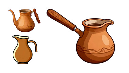 Traditional brown clay pitcher or ceramic jug on a white background, an ancient art pottery object with a handle