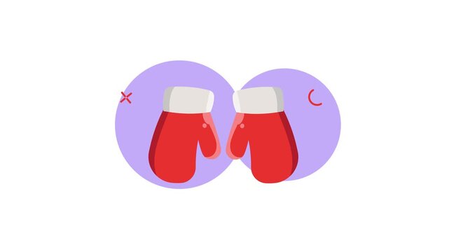 Pair of Red Mittens with White Cuffs on Purple Circles Animated Illustration.