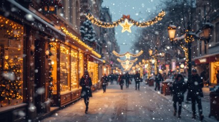 Christmas Shoppers on European City Street with Festive Winter Snowfall
