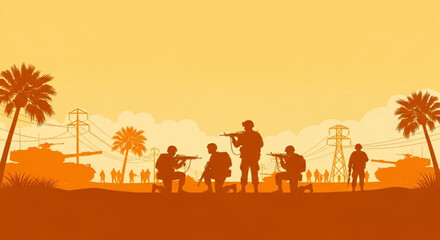 soldiers and military tanks amidst palm trees under a dramatic orange sky