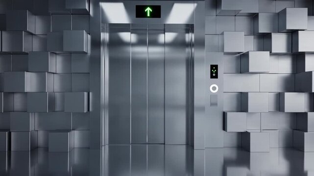 4k rendering of a modern metal elevator with closed doors, featuring an abstract cubed wall design with metallic grey tones and overhead lighting in a contemporary
