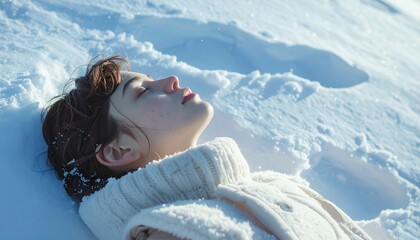 young woman lying on snow in winter