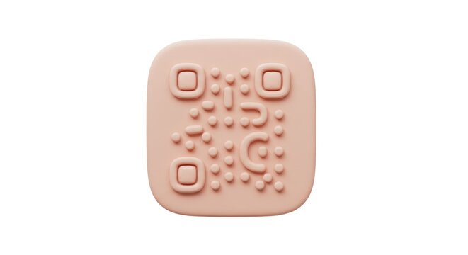 Peach-colored QR code design on a square tile, isolated.