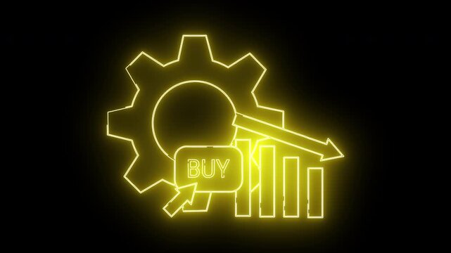 A neon yellow gear chart and BUY button hover against black evoking investment and industry themes