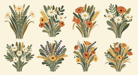 Floral bouquets with wheat and wildflowers arrangement
