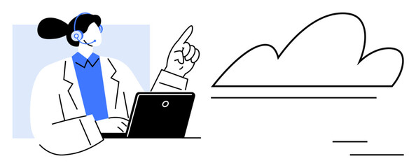 Female customer support agent with headset working on a laptop, gesturing toward a cloud icon. Ideal for cloud computing, technical support, customer service, online help, teamwork, IT solutions