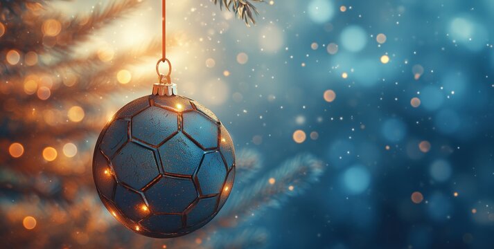 Festive Soccer-Themed Christmas Ornament on Tree Branch with Holiday Lights