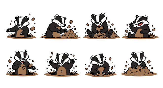 Badger digging in dirt, multiple poses