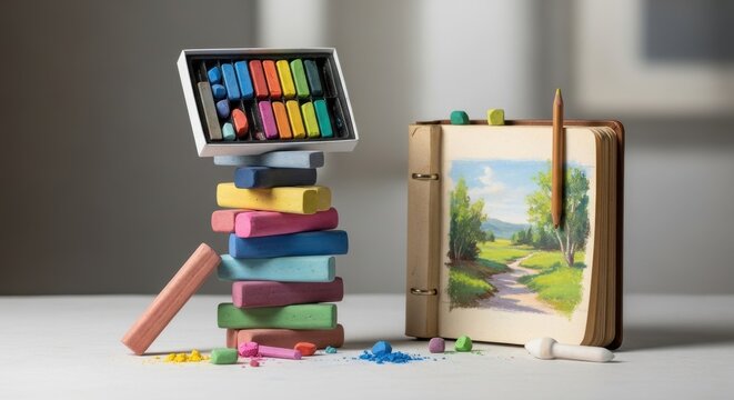 Artistic pastel arrangement alongside a nature landscape painting in a sketchbook still life