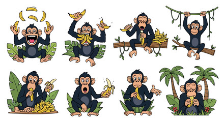 Playful monkey eating bananas in jungle scenes