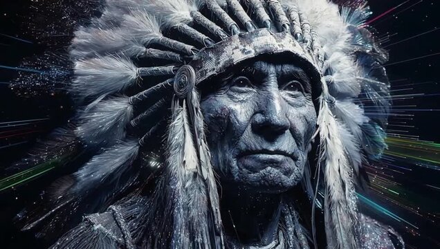 Native American Chief Portrait with Feathered Headdress