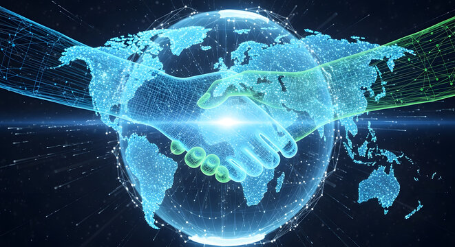 Global business partnership and international agreement symbolized by a digital handshake over a connected world.