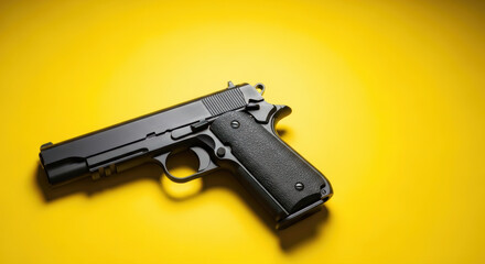 Stunning professional stock image featuring a classic black handgun artfully contrasted against a bright yellow backdrop with ample negative space.