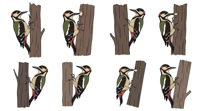 Woodpecker bird climbing tree trunks in various poses