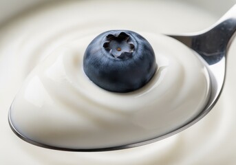 Close-up shot of a spoon filled with creamy yogurt and a single fresh blueberry.