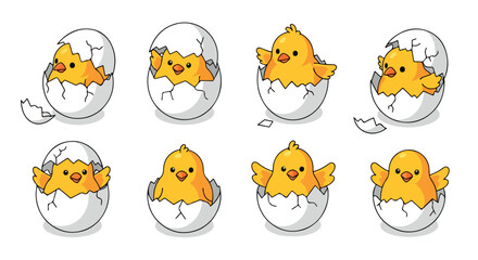 Baby chicks hatching from eggs with transparent background
