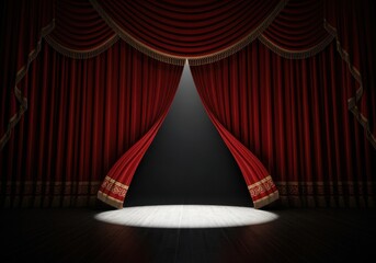 A theatrical stage with red curtains partially drawn, revealing a dark void and a spotlight.