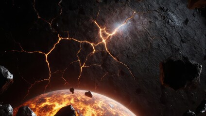 Cosmic Collision - Fiery Planet and Asteroids in a Fractured Universe.
