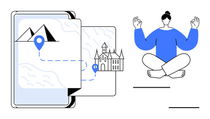 Tablet displaying a map with destination icons of mountains and landmarks, alongside a person meditating. Ideal for travel, navigation, mindfulness, planning, tourism, digital tools balance. Simple