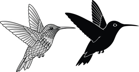 Hand drawn flying hummingbird sketch and black silhouette icon set, isolated vector illustration, nature wildlife animal design element for tattoo or logo. © SreeShontusChandra