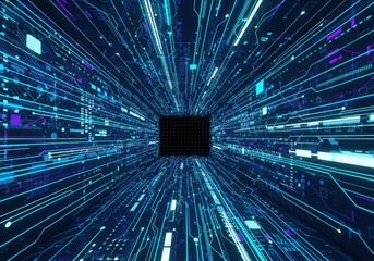 A digital tunnel of blue and purple lines converging towards a central black square, representing data flow.