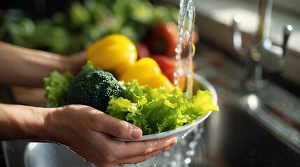 Fresh Salad Ingredients Rinsed in Modern Kitchen - Powered by Adobe