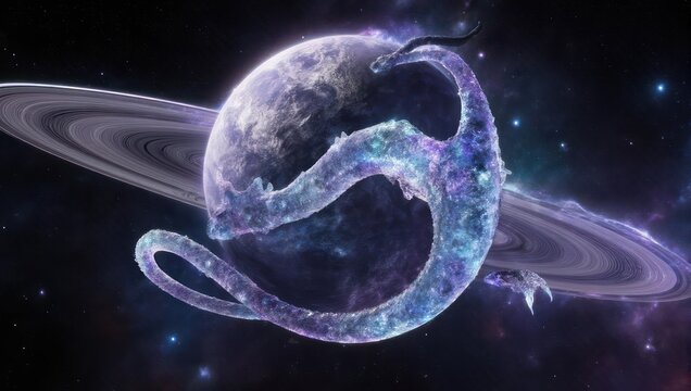 Cosmic Dragon Creature Circling a Ringed Planet in Deep Space. - Powered by Adobe