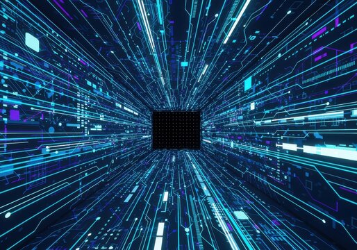 A digital tunnel of blue and purple lines converging towards a central black square, representing data flow.