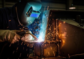 A welder in protective gear uses a welding torch to join metal pieces together, creating sparks.