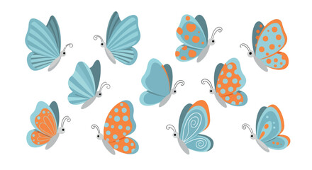 Blue and orange butterflies collection with transparent background