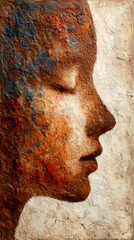 Textured Profile Art Portrait of Woman's Face in Rusted Earth Tones and Abstract Texture