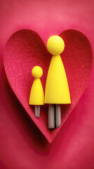 Yellow Felt Conical Figures of Mother and Child Inside Large Red Heart Frame
