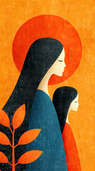 Stylized Mother and Daughter Portrait with Orange Sun and Abstract Leaves on Textured Background