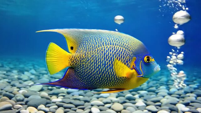 Close up of a queen angelfish swimming over a rocky seabed in clear blue ocean water fish video