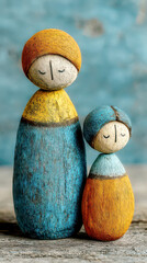 Rustic Wooden Peg Dolls of Mother and Child in Blue and Orange with Textured Finish