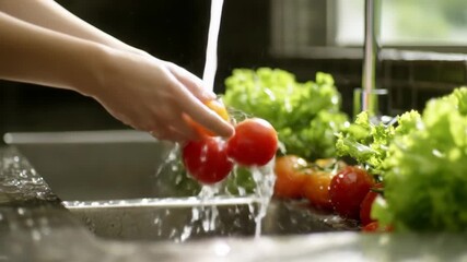 Hands washing fresh red tomatoes under running water in kitchen sink - Powered by Adobe