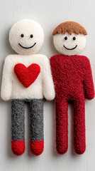 Felt Yarn Art Dolls of Two Men with Heart Sweater Representing Gay Couple