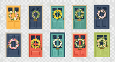 Doors with wreaths in various colors with transparent background
