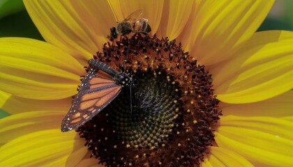 A monarch butterfly and a bee sharing the dark center of a vibrant yellow sunflower on a sunny day.