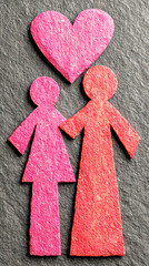 Felt Figures of Man and Woman Standing Under Pink Heart on Dark Textured Background