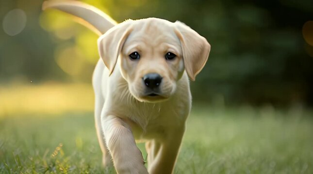 Slow Motion Happy Puppy Sprinting Toward Camera on Green Grass