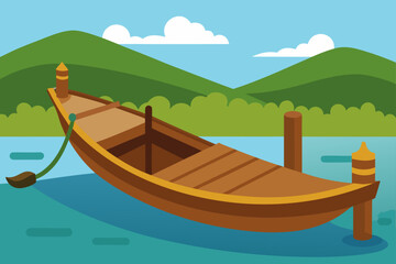 Wooden boat moored on a calm lake with green hills and blue sky