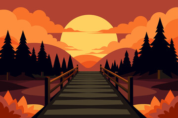 Wooden bridge leading to a vibrant sunset over rolling hills and pine trees