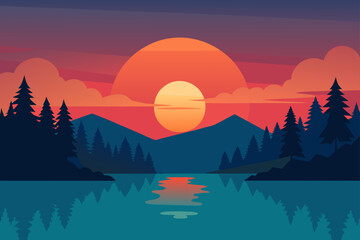 Vibrant sunset over mountains and lake with pine trees