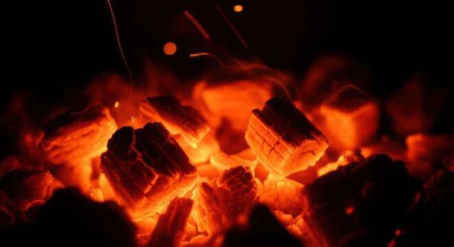 Close up of glowing hot embers with sparks flying in the dark night - Powered by Adobe